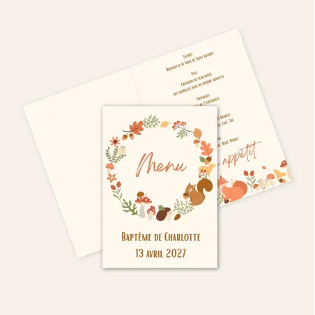Menu de baptême Animaux de la forêt