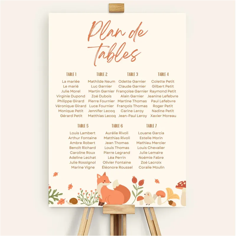 Plan de tables baptême Animaux de la forêt