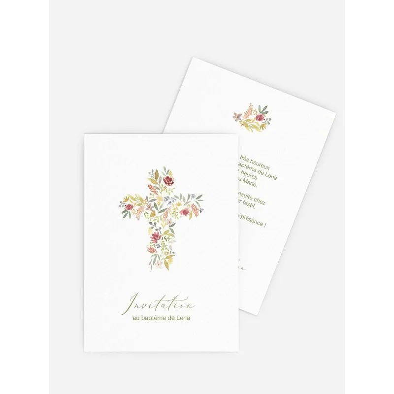 Faire-part de baptême Croix fleurie