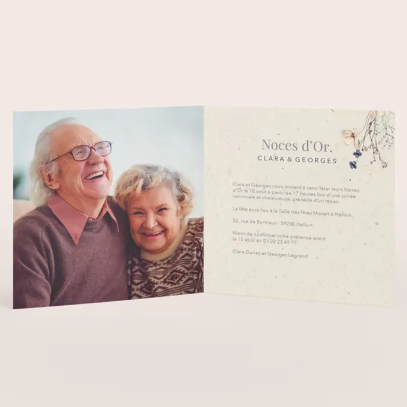 Invitation anniversaire mariage Dorure et ambiance florale - Noces d'Or