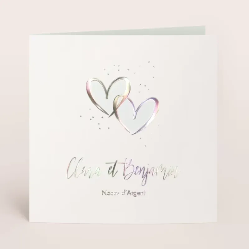 Invitation anniversaire mariage Coeurs enlacés en holographie - Noces d'Argent