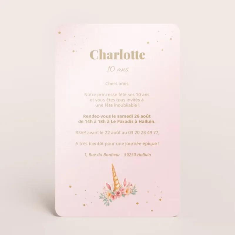 Invitation anniversaire Licorne fleurie