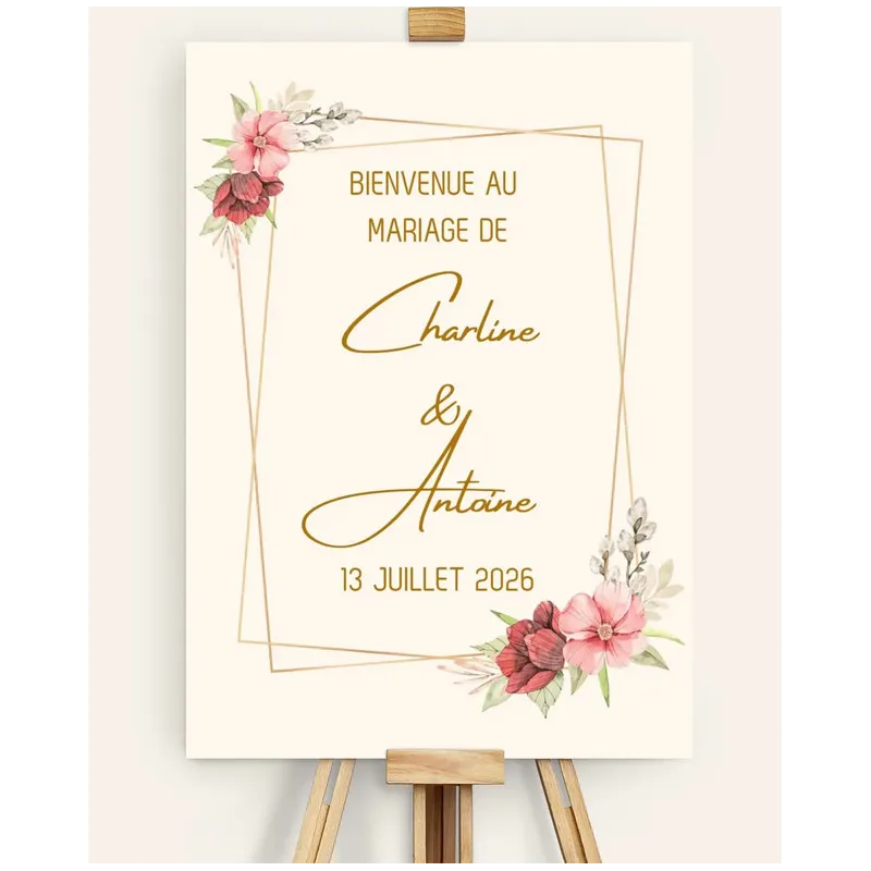 Panneau de bienvenue mariage Fleurs en or