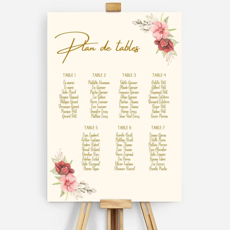 Plan de tables mariage Fleurs en or